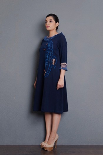 Indigo Handwoven hand embroidered A-line dress with tassel detailing