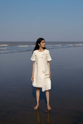 Off-white Handwoven hand Embroidered uneven dress