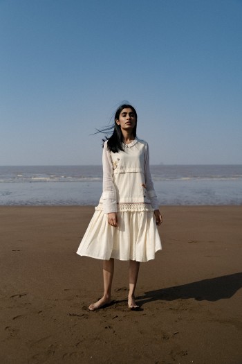 Off-white Handwoven hand embroidered pleated dress