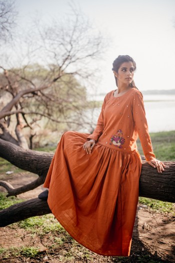 Orange Khadi Oversized Gathered dress