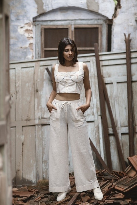 Kora kala cotton corset top and pants with hand stitch detailing