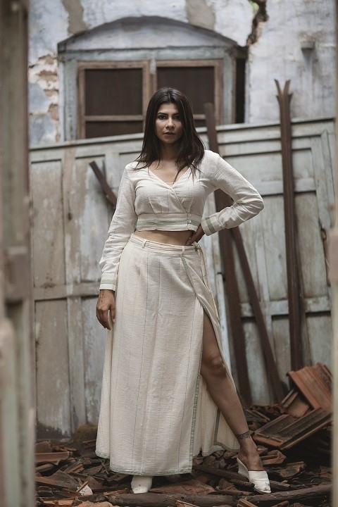 Kala cotton asymmetrical neckline crop top with overlapping skirt 