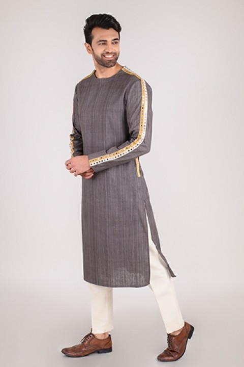 Grey handwoven kurta with mirror detailing