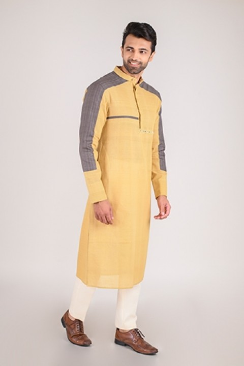 Mustard kurta with colour-block sleeve