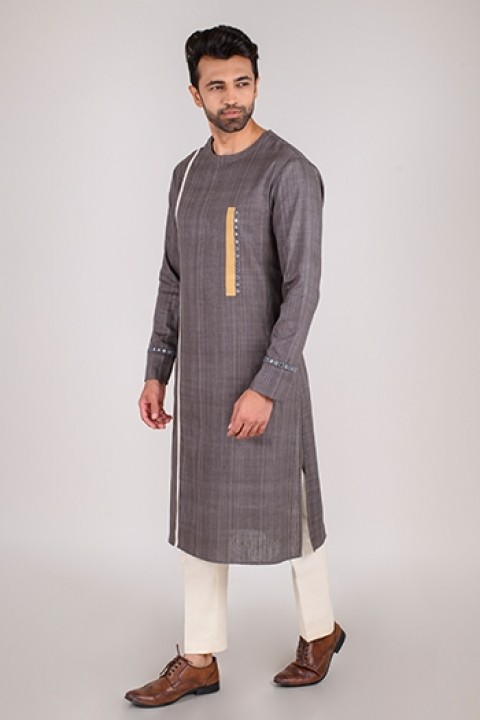Grey handwoven kurta with contrast stripes