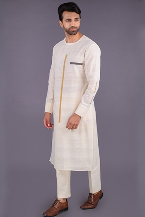 Off-white handwoven bandh neck kurta