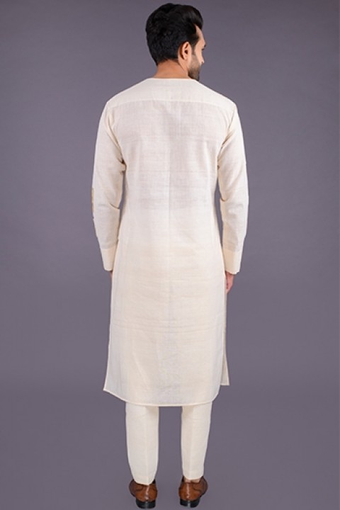 Off-white handwoven bandh neck kurta