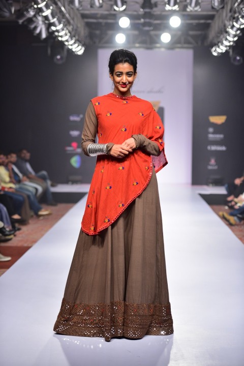 Brown Khadi Dress with mirror and thread embroidered border