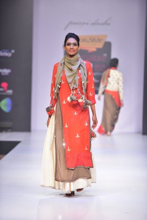 Red and brown Double layered mirror and thread embroidered Kurta