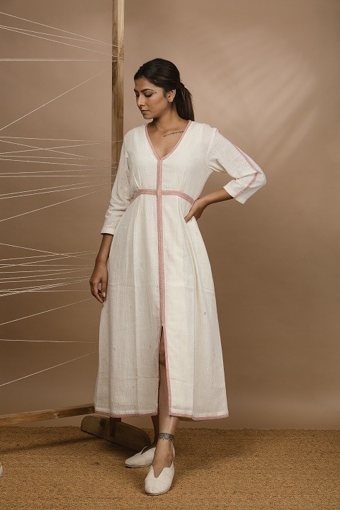 Kala cotton deep V-neck dress with front slit