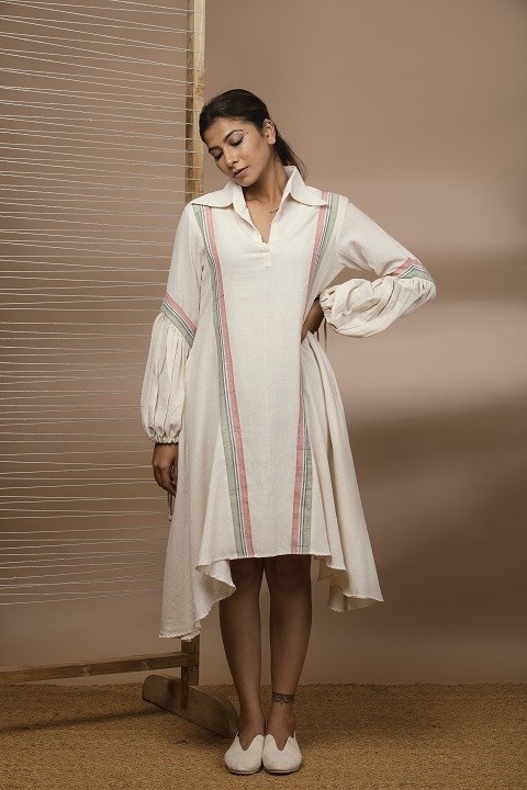 Kala cotton uneven hemline dress with puff sleeves