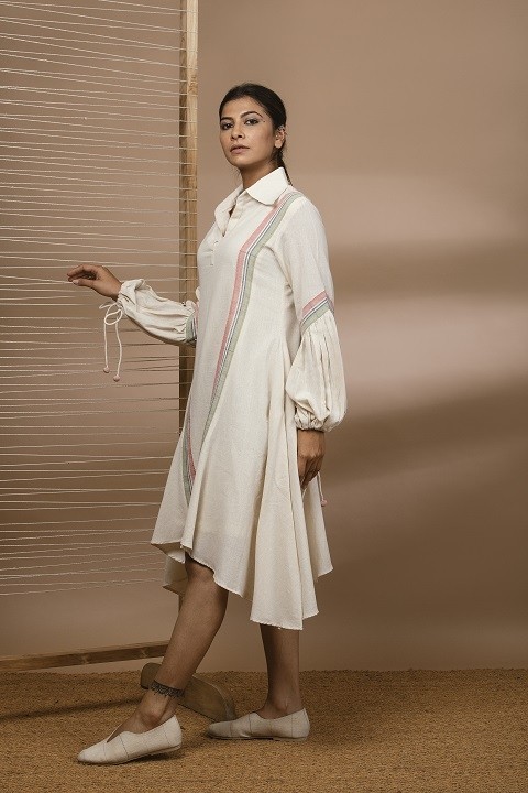 Kala cotton uneven hemline dress with puff sleeves