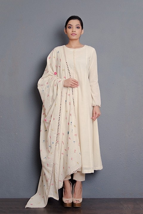 Off-white handwoven A-line kurta and hand embroidered dupatta with mirror work detaling 
