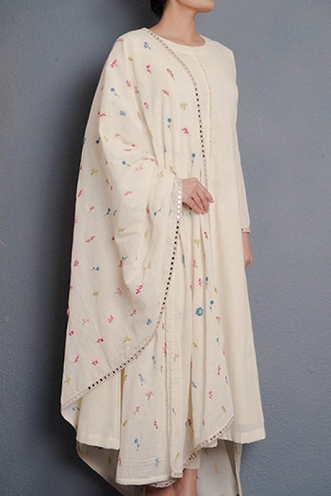 Off-white handwoven A-line kurta and hand embroidered dupatta with mirror work detaling 