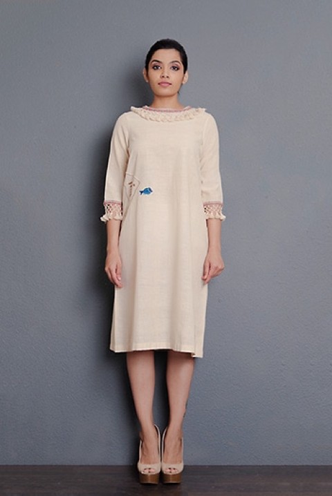 Off-white Handwoven hand embroidered A-line dress