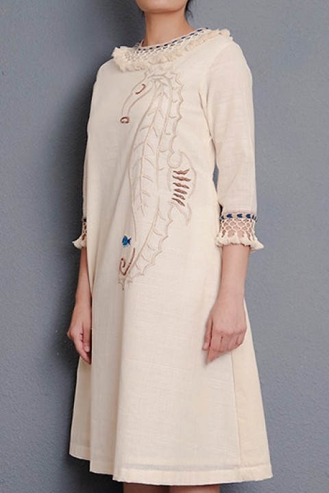 Off-white Handwoven hand embroidered A-line dress with tassel detailing