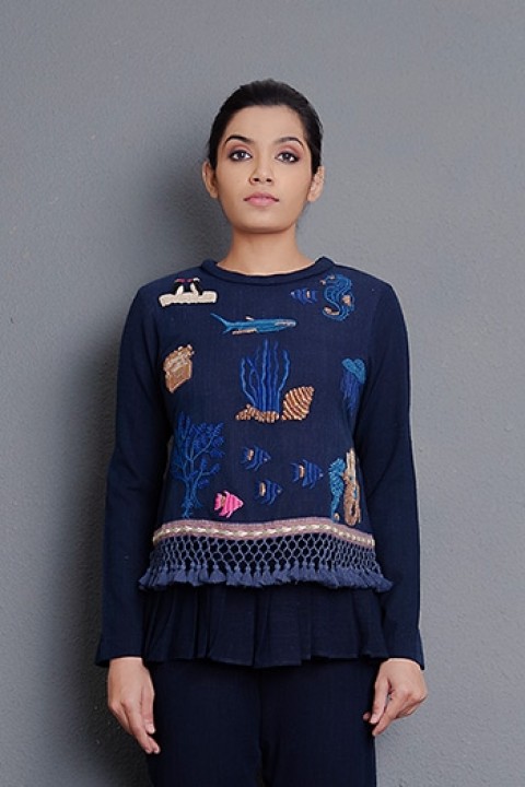 Indigo handwoven hand embroidered double layered top