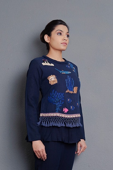Indigo handwoven hand embroidered double layered top