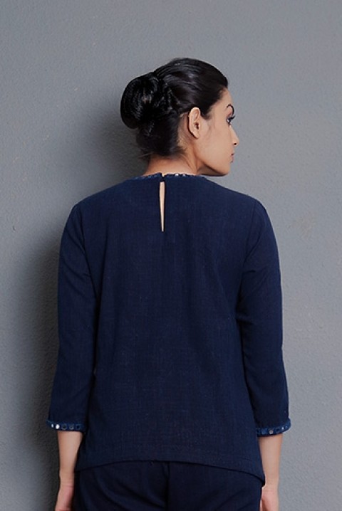 Indigo handwoven short top embellished with hand embroidery and mirror detailing