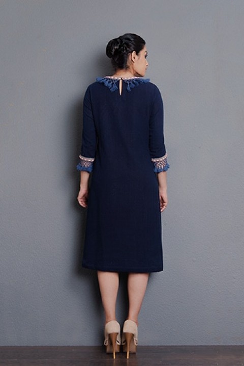 Indigo Handwoven hand embroidered A-line dress with tassel detailing