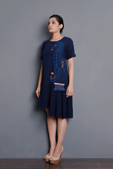 Indigo Handwoven hand embroidered uneven dress