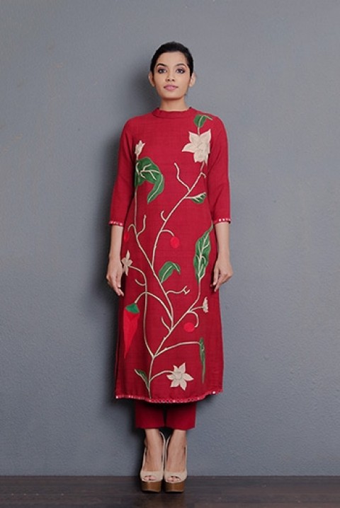 Red Ahimsa silk hand embroidered kurta