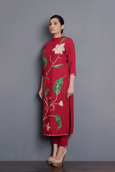 Red Ahimsa silk hand embroidered kurta
