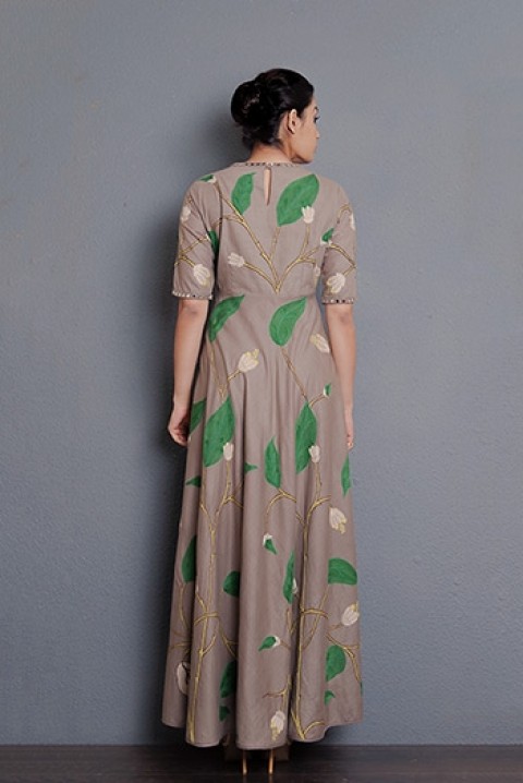 Grey Handwoven hand embroidered full length dress