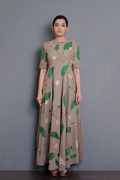 Grey Handwoven hand embroidered full length dress