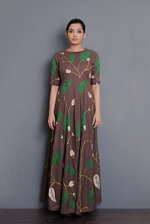 Coffee Handwoven hand aari embroidered dress