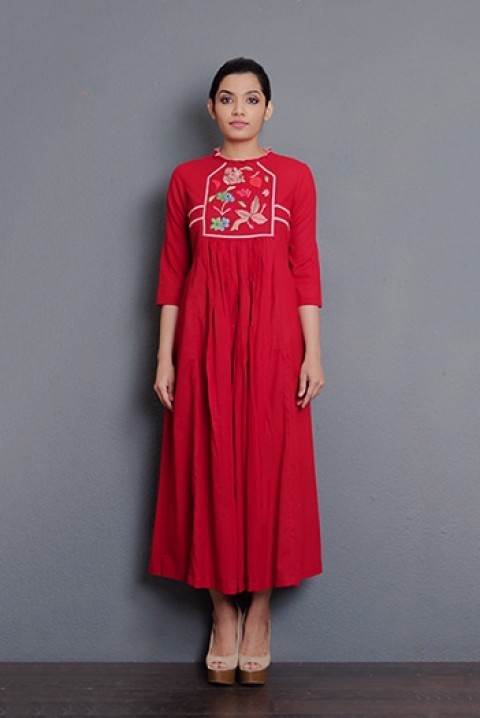Red cotton hand embroidered gathered dress