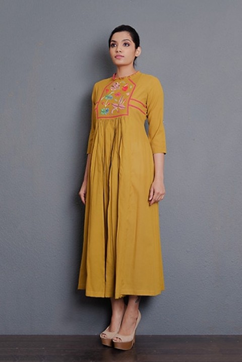Mustard handwoven cotton embroidered gathered dress