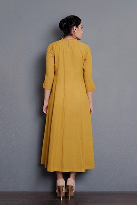 Mustard handwoven cotton embroidered gathered dress