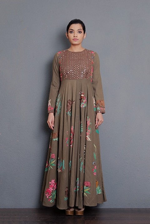 Brown Mirror and hand embroidered long dress