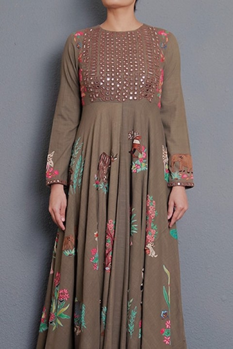 Brown Mirror and hand embroidered long dress