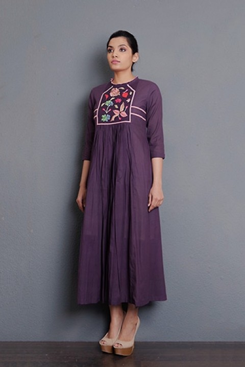 Wine cotton hand embroidered gathered dress