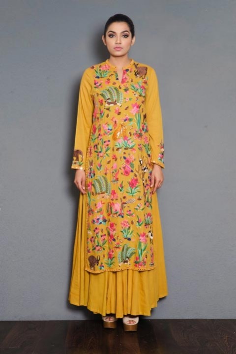 Yellow Handwoven embroidered layered dress