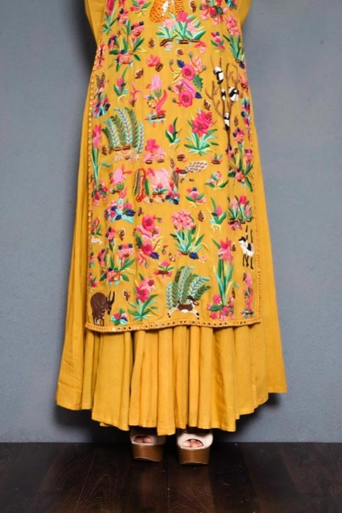 Yellow Handwoven embroidered layered dress