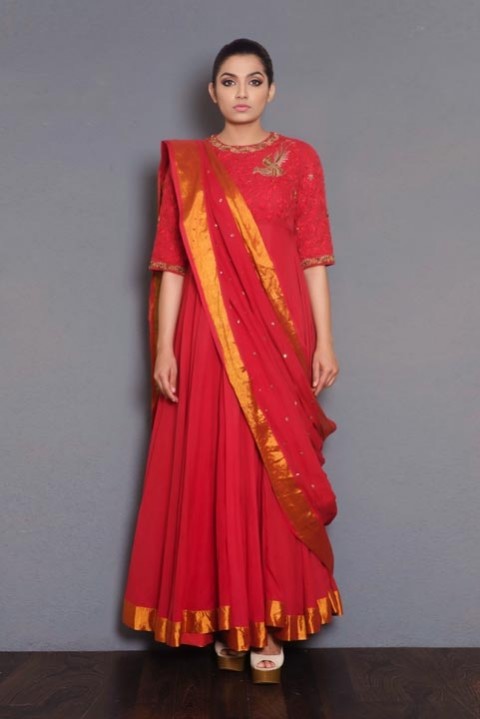  Red embroidered sari gown