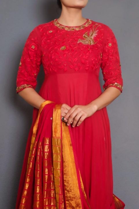  Red embroidered sari gown