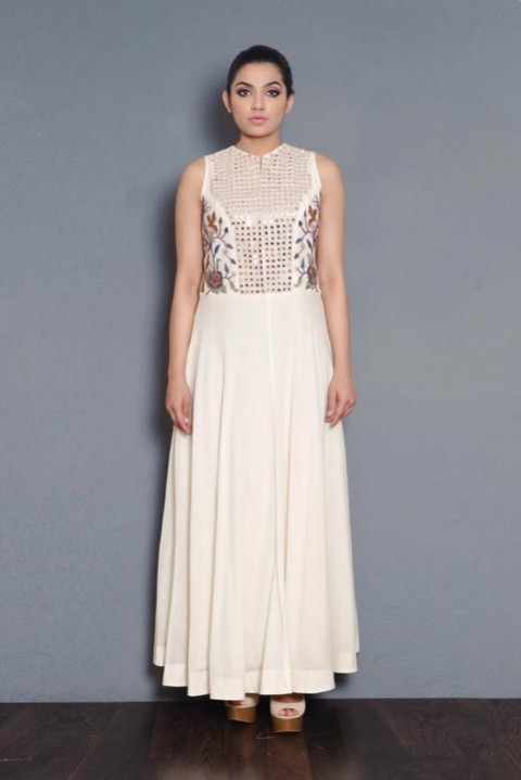 Off-white Handwoven embroidered floor length dress