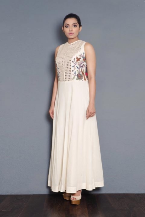 Off-white Handwoven embroidered floor length dress