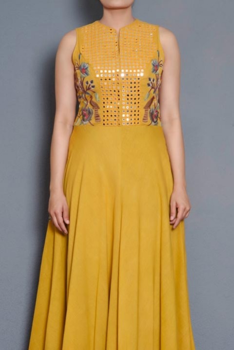 Yellow Handwoven embroidered floor length dress