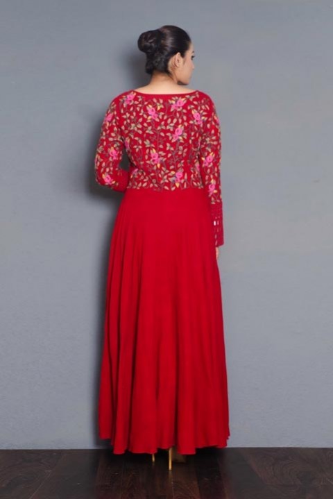Red embroidered full length dress