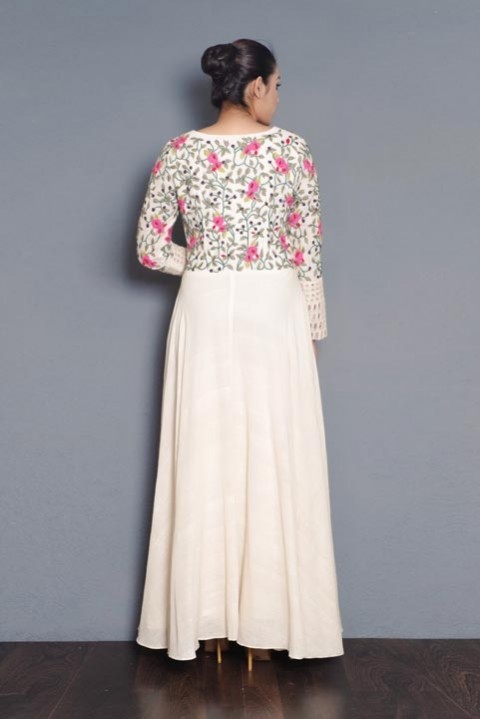 Off-white handwoven embroidered full length dress