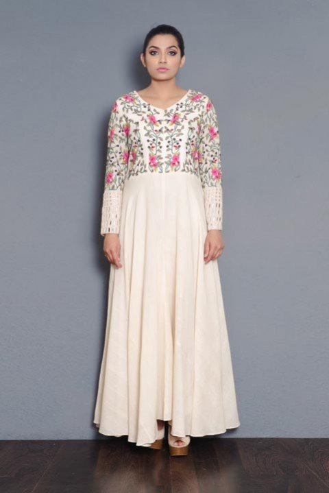 Off-white handwoven embroidered full length dress