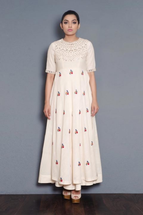 Off-white Handwoven mirror and hand embroidered layered dress