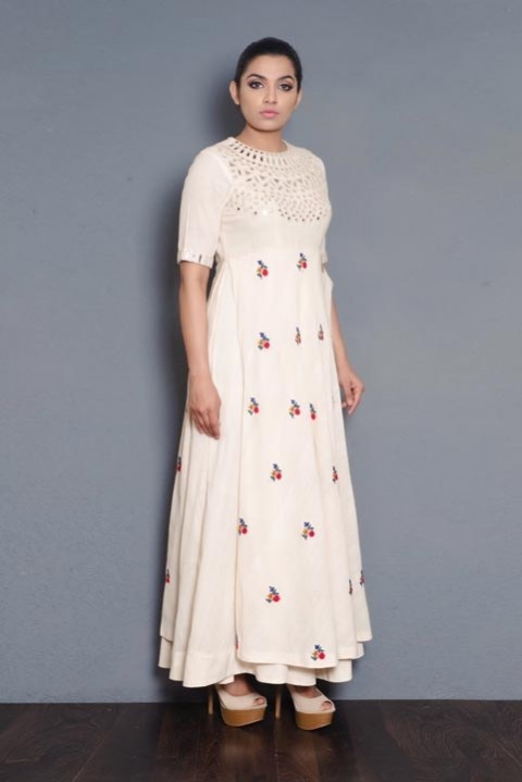 Off-white Handwoven mirror and hand embroidered layered dress