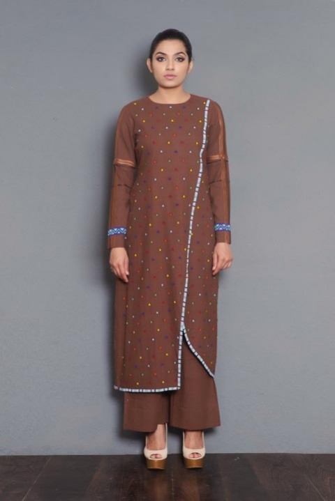 Brown handwoven bead embroidered overlap kurta