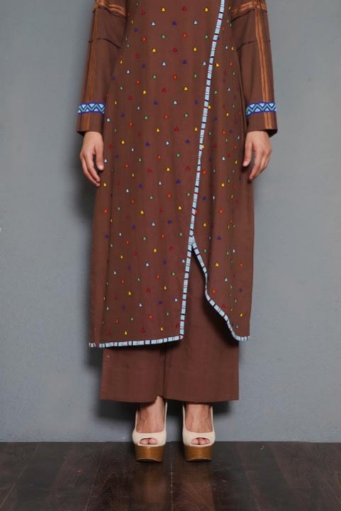 Brown handwoven bead embroidered overlap kurta